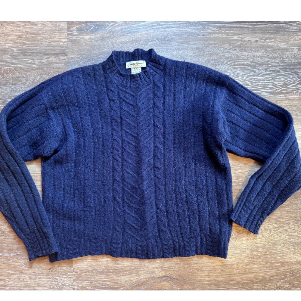 Eddie Bauer Vintage Navy Blue 100% Wool Cable Knit Mock Neck Sweater Womens M